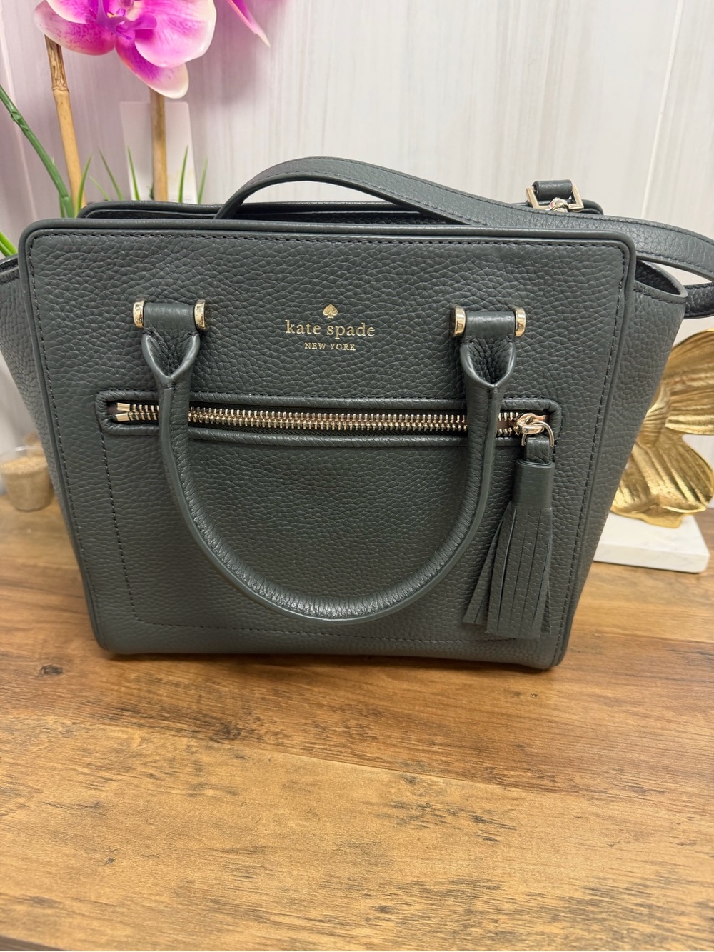 kate spade dark green pebbled leather satchel with tassel